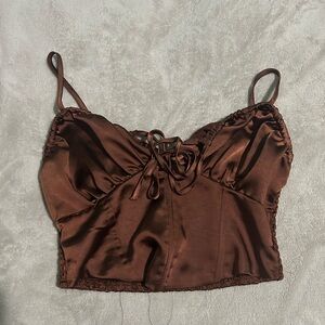 Satin Chocolate Brown Lace-Trim Cami Top